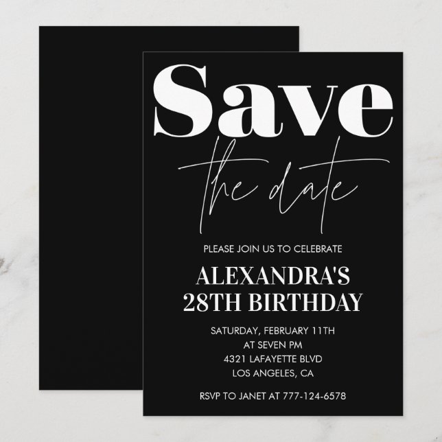 Invitación de cumpleaños 28 negro blanco Guardar l (Anverso / Reverso)