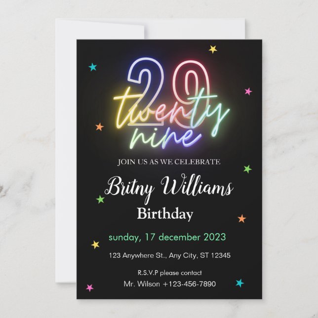 Invitación de cumpleaños 29 a Neon Light (Anverso)