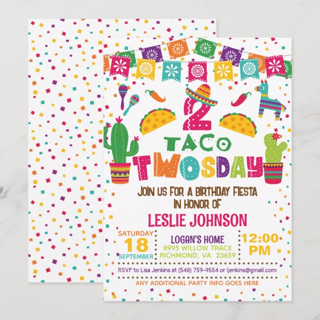 Invitación de cumpleaños 2.º Taco TWO sday - Blanc (Anverso / Reverso)