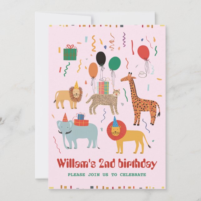 Invitación de cumpleaños 2 a animales de la jungla (Anverso)