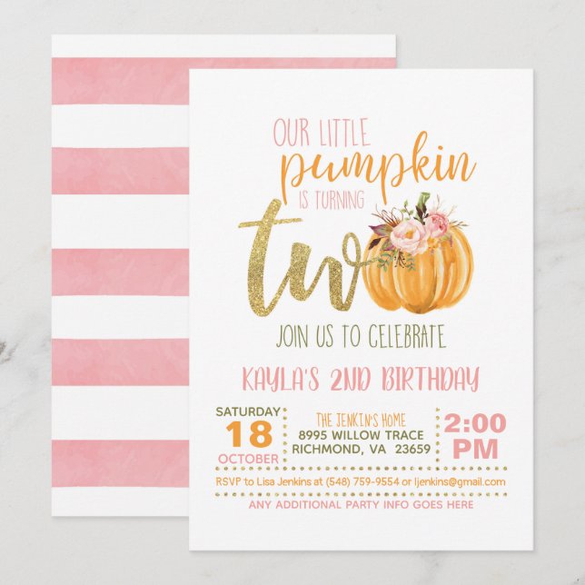 Invitación de cumpleaños 2 a la calabaza - franjas (Anverso / Reverso)
