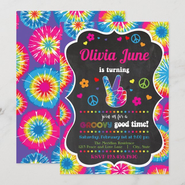 Invitación de cumpleaños 2 a la Paz de Tie Dye (Anverso / Reverso)