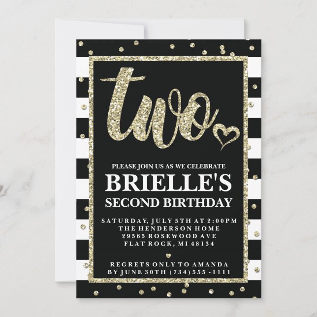 Invitación de cumpleaños 2 con brillo dorado y neg (Anverso)