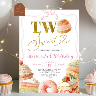Invitación de cumpleaños 2 Coquette Bow Sweets Cak