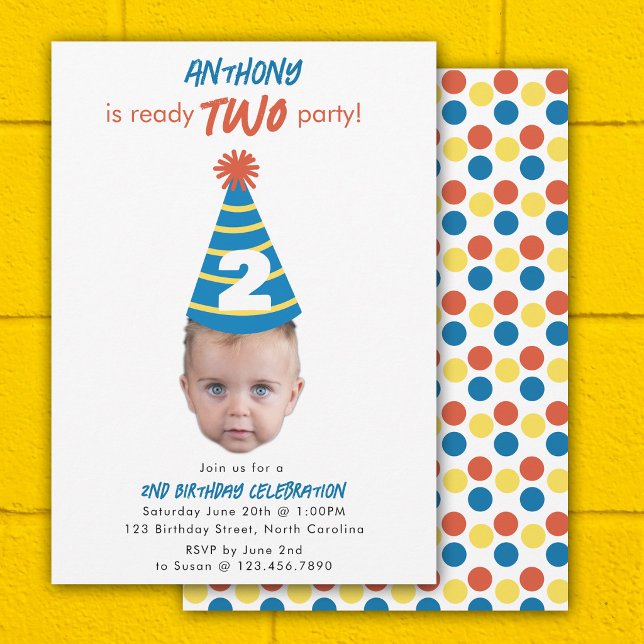 Invitación de cumpleaños 2do Cumpleaños Cara de be (Birthday Invite 2nd Two Birthday Baby Face Photo)