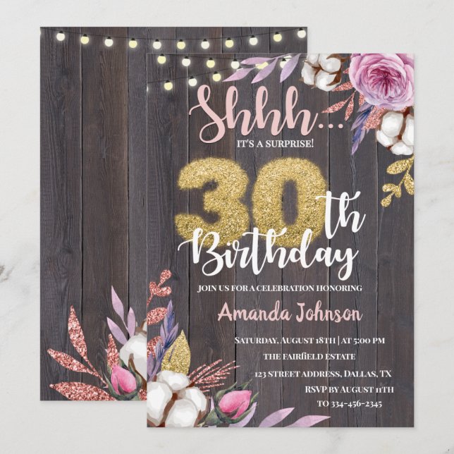 Invitación de cumpleaños 30 a Floral Cotton Surpri (Anverso / Reverso)