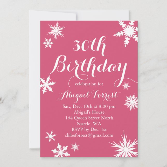 Invitación de cumpleaños 30 a Fuchsia Winter (Anverso)