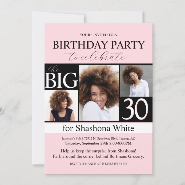 Invitación de cumpleaños 30 a la foto rosa de Rubo (Anverso)