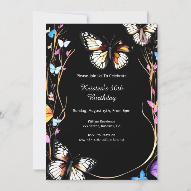 Invitación de cumpleaños 30 a la mariposa (Anverso)
