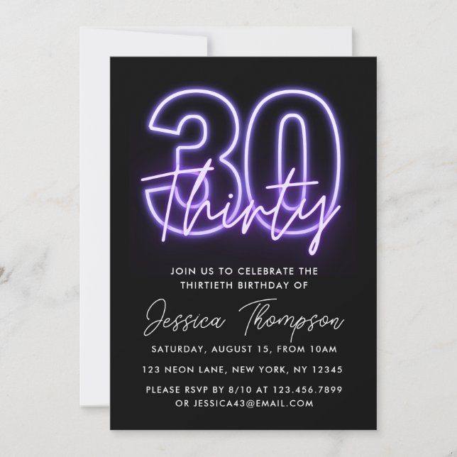 Invitación de cumpleaños 30 a Neón Púrpura (Anverso)