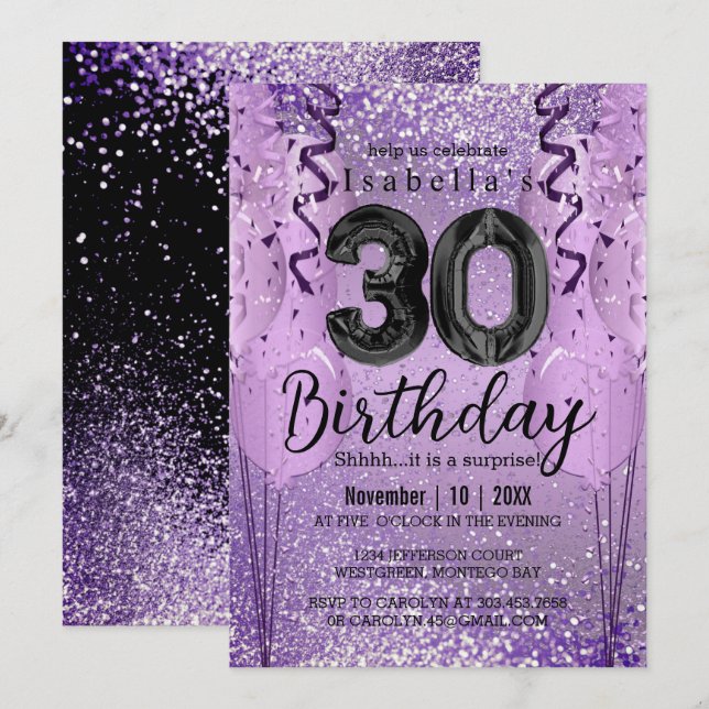 Invitación de cumpleaños 30 a Purpurina morado y r (Anverso / Reverso)