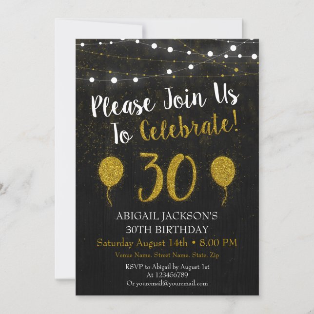 Invitación de cumpleaños 30 a Purpurina negro y or (Anverso)