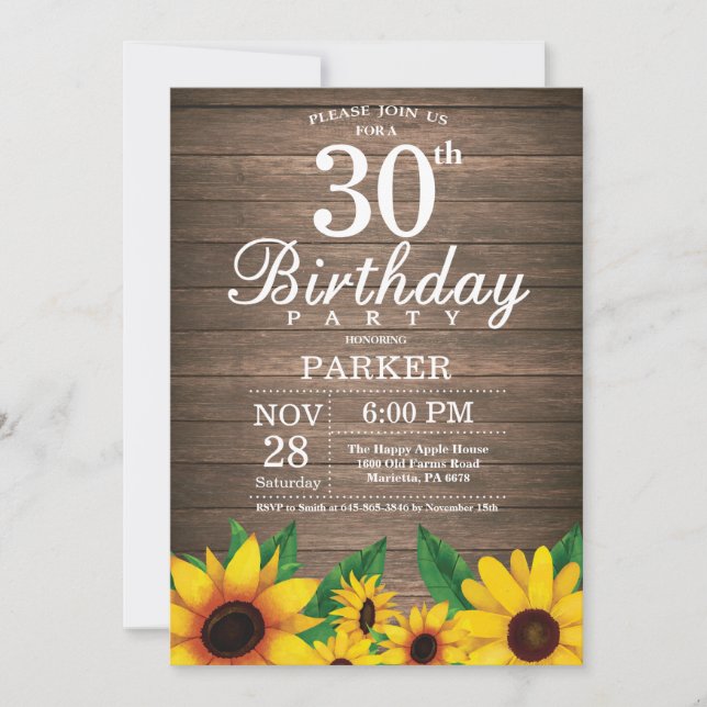 Invitación de cumpleaños 30 a Rustic Sunflower (Anverso)