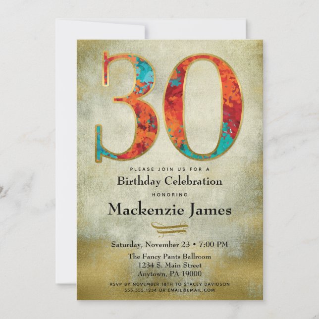 Invitación de cumpleaños 30 Adulto Red Aqua dorado (Anverso)