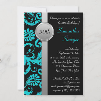 Invitación de cumpleaños 30 Aqua, Black y Silver
