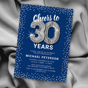 Invitación de cumpleaños 30 azul y plata