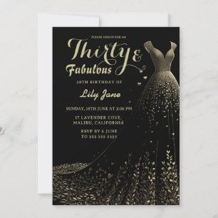 Invitación de cumpleaños 30 Black Gold Gown