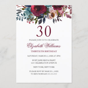 Invitación de cumpleaños 30 Burgundy Floral Waterc