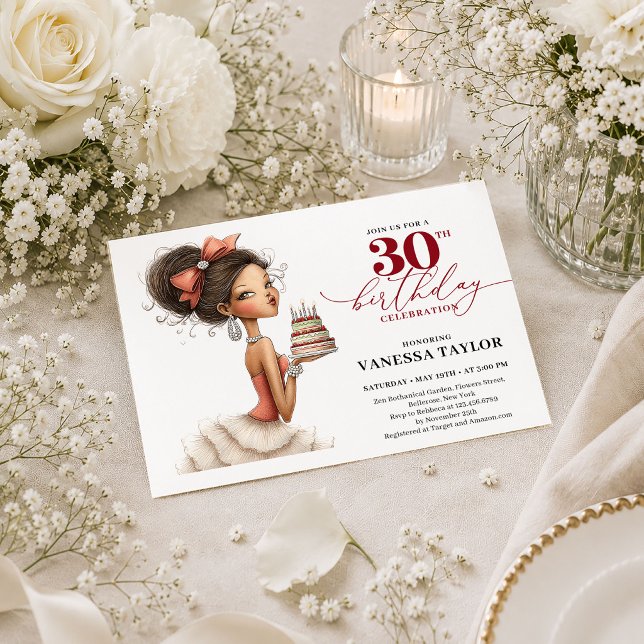 Invitación de cumpleaños 30 Chic divertida mujer g (Chic Funny Woman 30th Birthday Deep Red Script Invite

)
