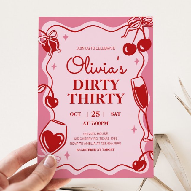 Invitación de cumpleaños 30 chicas sucios (Hand Drawn Cherry Dirty Thirty Birthday Party Invitation)