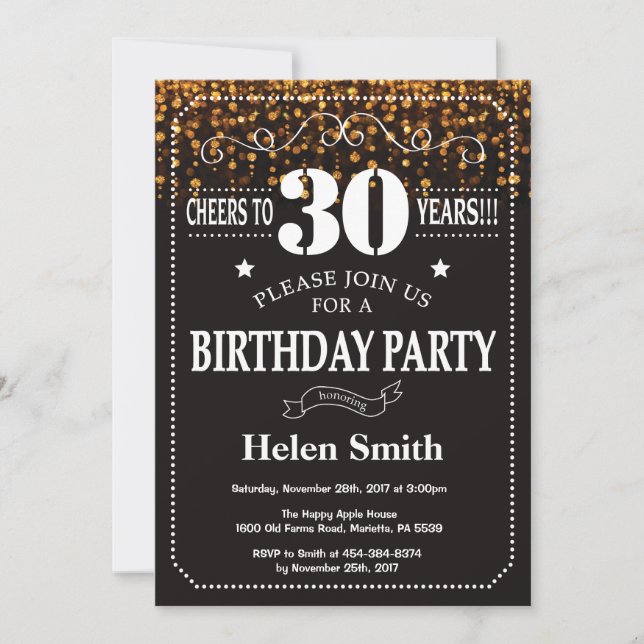 Invitación de cumpleaños 30 con brillo dorado (Anverso)