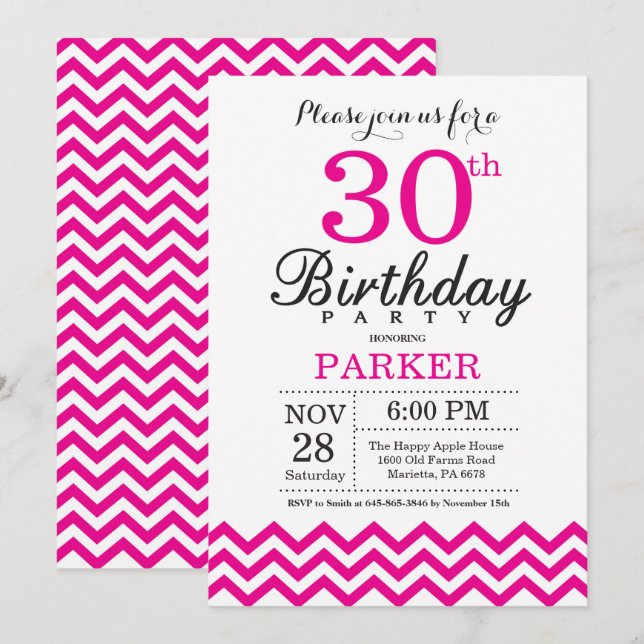 Invitación de cumpleaños 30 con Chevron Rosa Calie (Anverso / Reverso)