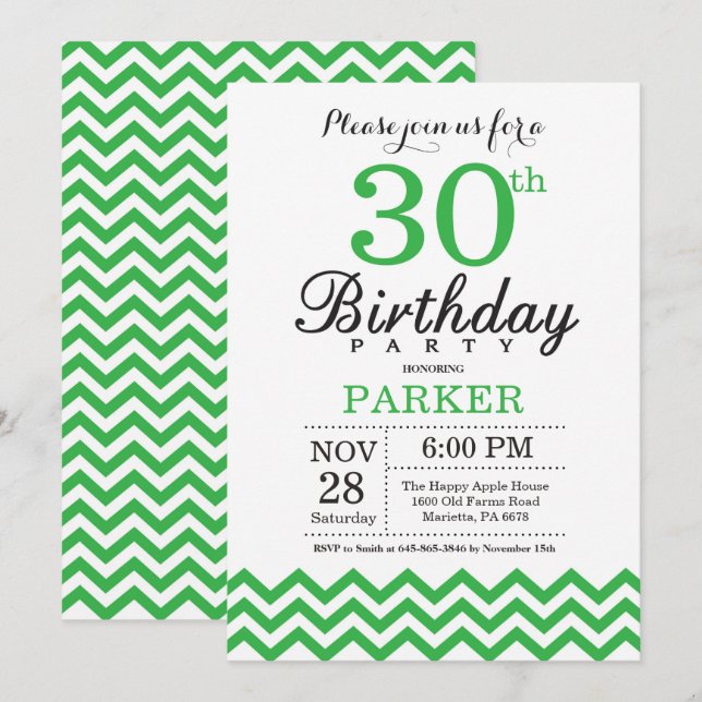Invitación de cumpleaños 30 con Chevron verde (Anverso / Reverso)