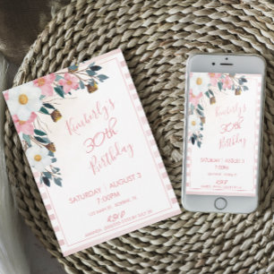 Invitación de cumpleaños 30 con flores de rosa pol