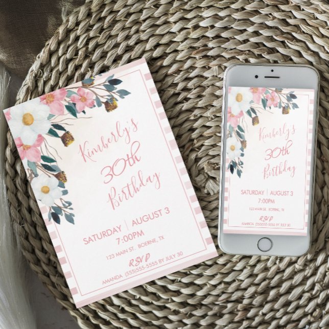 Invitación de cumpleaños 30 con flores de rosa pol (Subido por el creador)