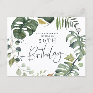 Invitación de cumpleaños 30 con follaje de acuarel