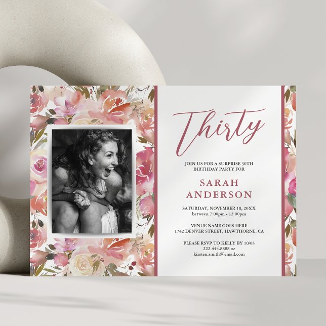 Invitación de cumpleaños 30 con foto floral rosa (Subido por el creador)