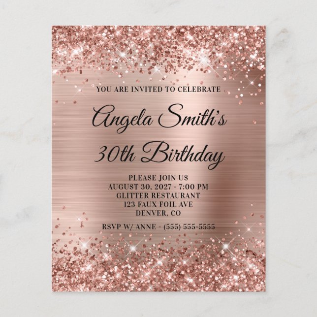 Invitación de cumpleaños 30 con lámina dorada rosa (Anverso)