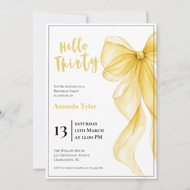 Invitación de cumpleaños 30 con lazo amarillo mant (Anverso)