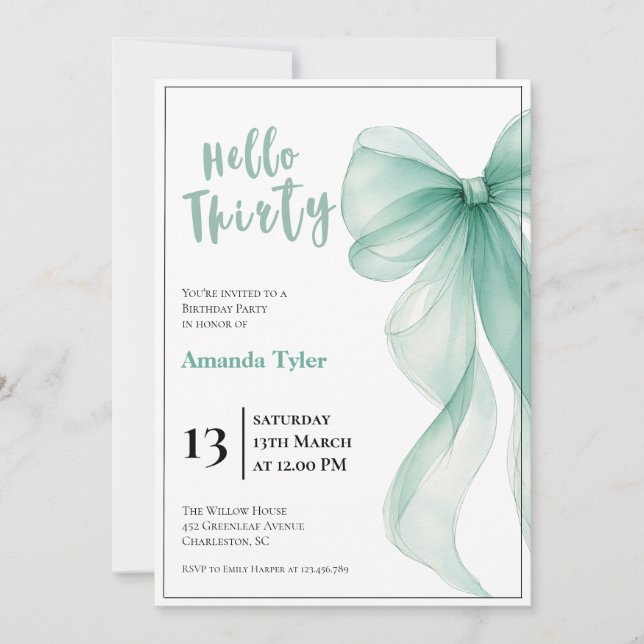 Invitación de cumpleaños 30 con lazo azul hielo (Anverso)