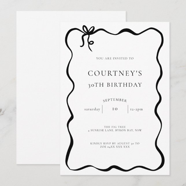 Invitación de cumpleaños 30 con lazo de cinta capr (Anverso / Reverso)