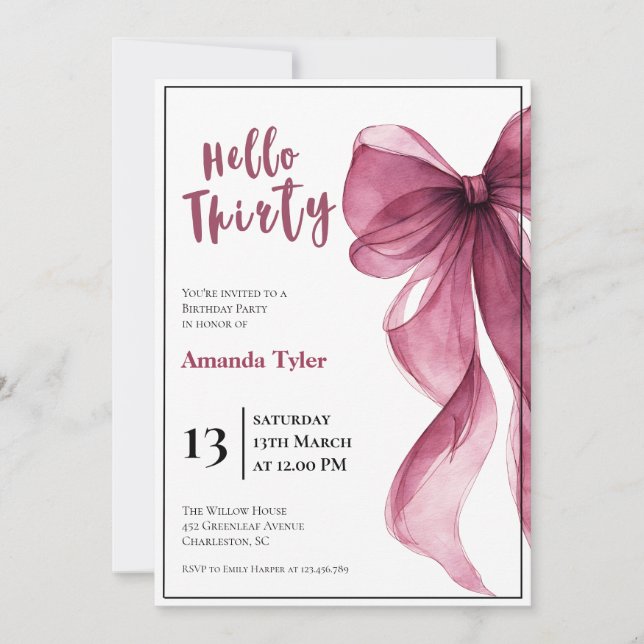 Invitación de cumpleaños 30 con lazo de ciruela (Anverso)