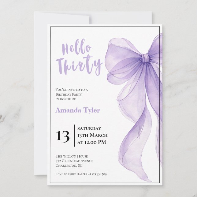 Invitación de cumpleaños 30 con lazo de lavanda (Anverso)