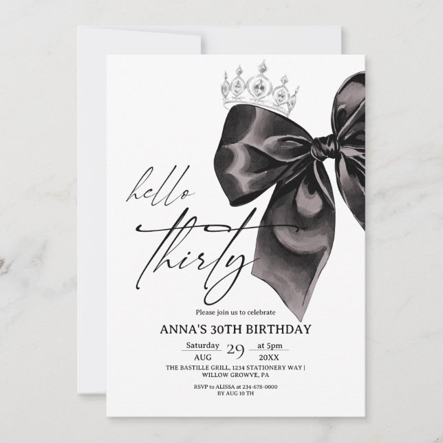 Invitación de cumpleaños 30 con lazo negro Thirty  (Anverso)