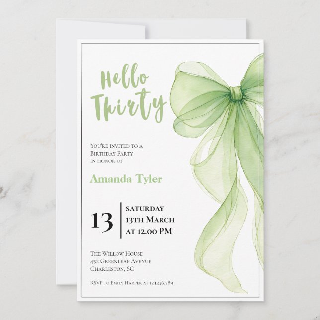 Invitación de cumpleaños 30 con lazo verde oliva (Anverso)