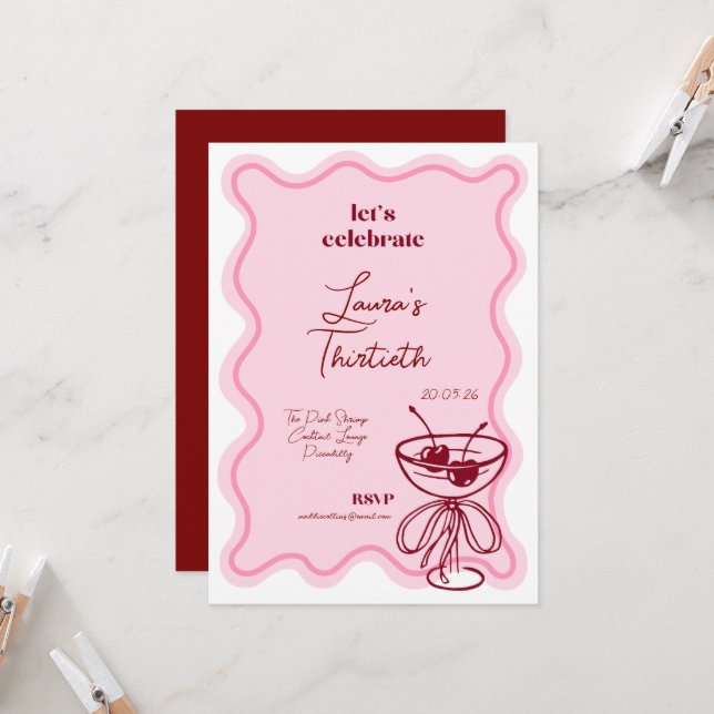 Invitación de cumpleaños 30 con lazos de cóctel de (Anverso/Reverso In Situ)