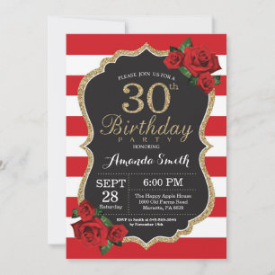 Invitación de cumpleaños 30 con Rosa Roja y Brillo