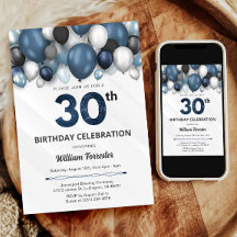 Invitación de cumpleaños 30 de Blue Silver Black &