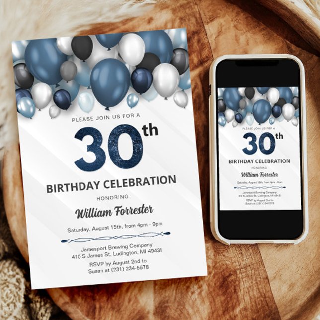 Invitación de cumpleaños 30 de Blue Silver Black & (Blue Silver Black & White 30th Birthday Invitation)