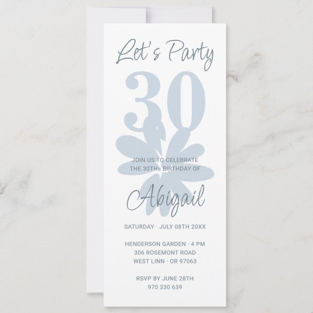 Invitación de cumpleaños 30 de Floral Azul Floral  (Anverso)