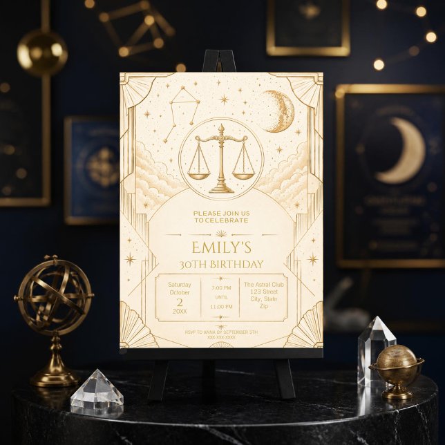 Invitación de cumpleaños 30 de Libra | Celestial E (Elegant Libra 30th birthday invitation with celestial Art Deco design for unforgettable zodiac celeb)