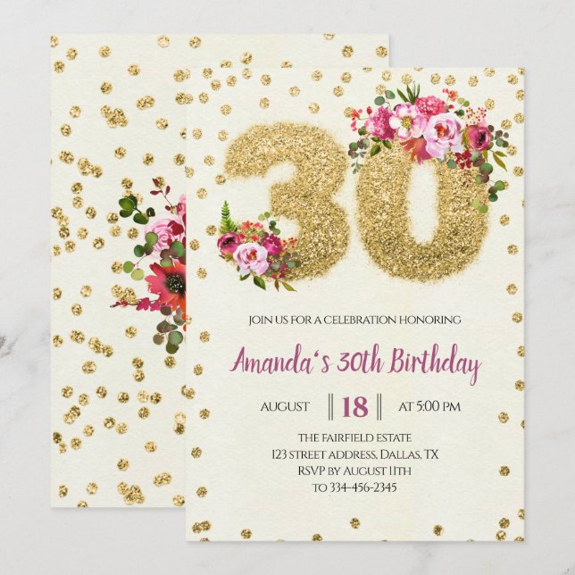 Invitación de cumpleaños 30 de Pink Floral (Anverso / Reverso)