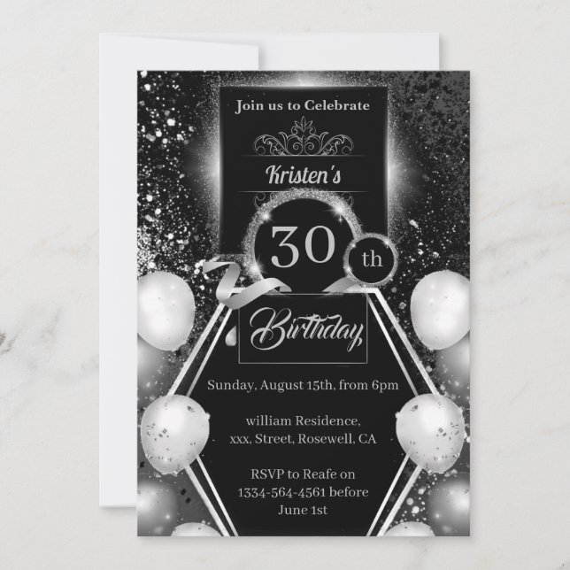 Invitación de cumpleaños 30 de plata y negro (Anverso)