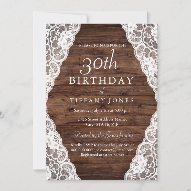Invitación de cumpleaños 30 de Rustic Wood Lace (Anverso)