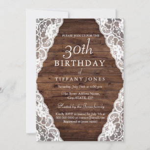 Invitación de cumpleaños 30 de Rustic Wood Lace