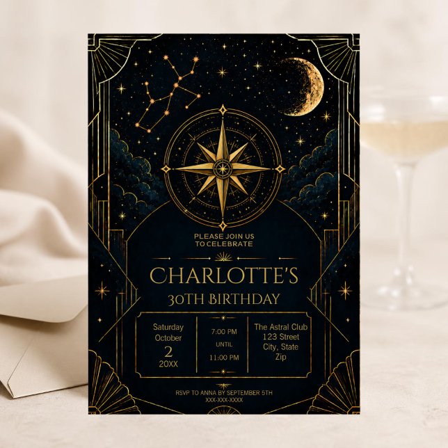 Invitación de cumpleaños 30 de Sagitario | Art Dec (Dark Art Deco Sagittarius zodiac 30th birthday invitation with celestial details and elegant moody)